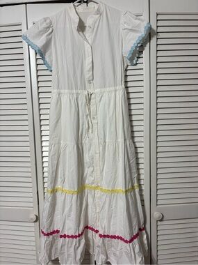 Girls White Tiered Dress with Pink, Yellow & Blue Trim